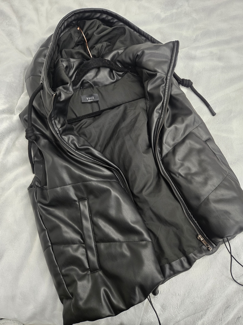 VICI Women's Black Faux Leather Puffer Hooded Jacket
